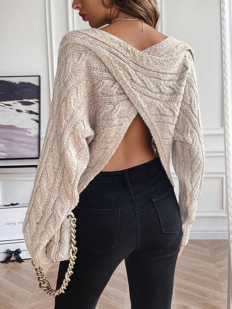 Cable Knit Wrap Back Knit Pullover Fall Winter Sweater