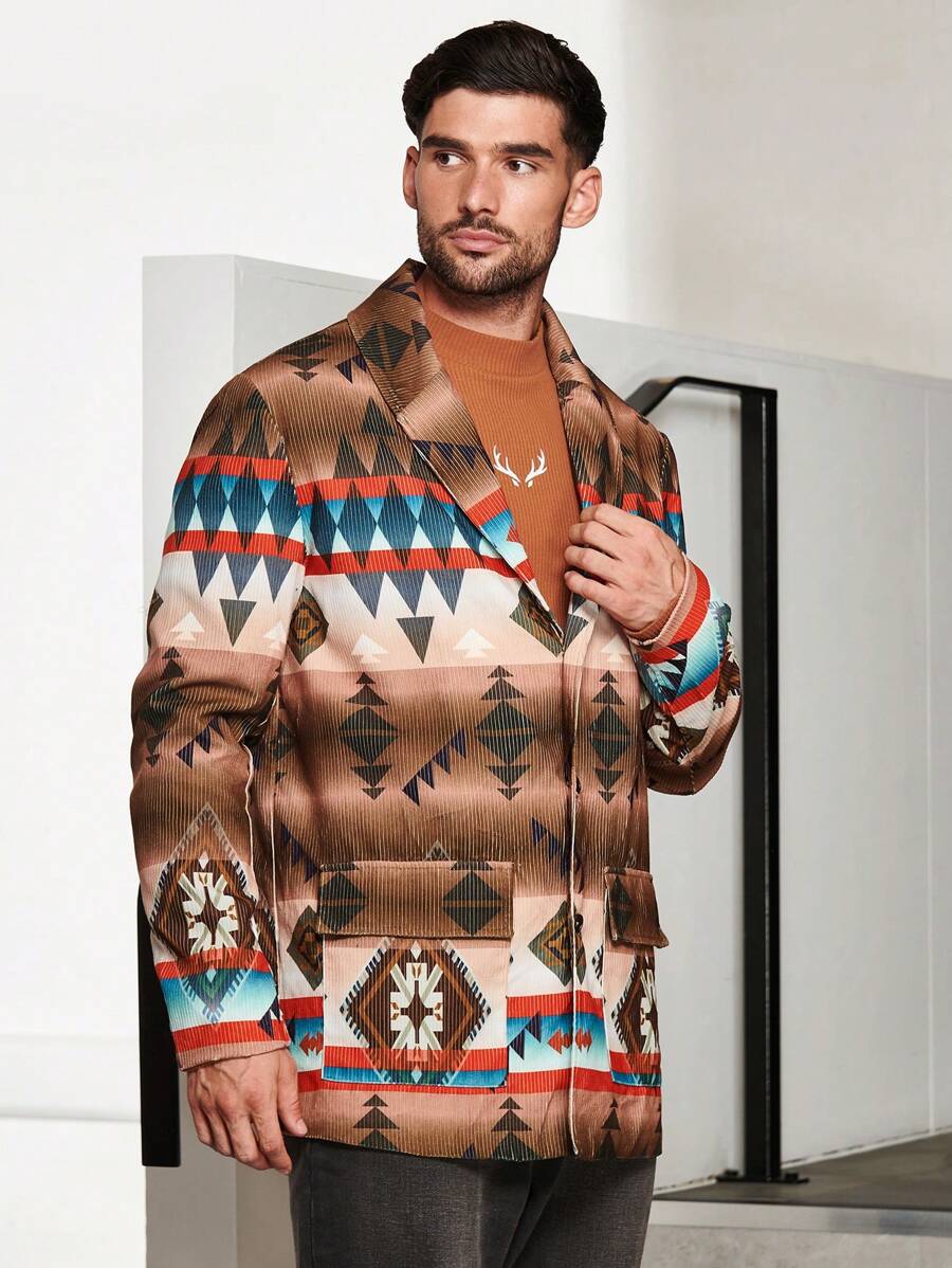 Manfinity VCAY 宽松男士几何印花披肩领双口袋大衣 - 彩色 - 查看 1