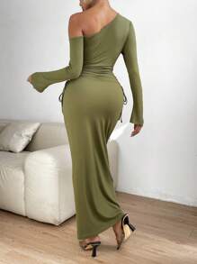 Allurite Asymmetrical Neck Drawstring Side Ruched Split Sleeve Bodycon Dress