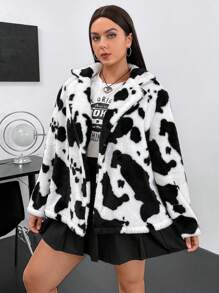 Flirla Plus Cow Pattern Open Front Teddy Coat - Black and White - View 5