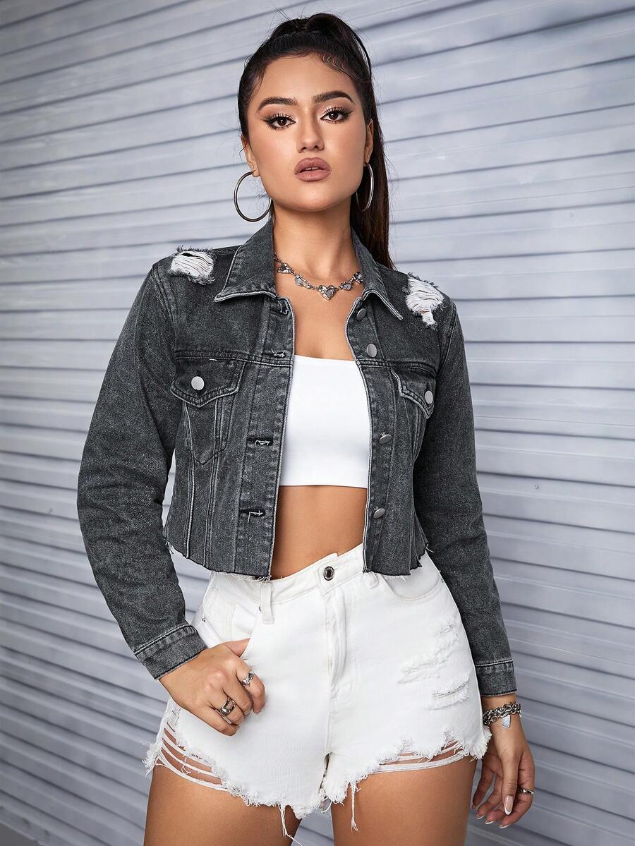 Ripped Raw Hem Denim Jacket - Grey - View 1