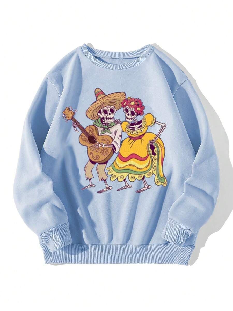 SHEIN EZwear 大碼卡通圖案加絨內裏運動衫 - 藍色 - 查看 1