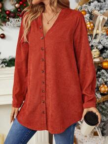 SHEIN LUNE 素色前紐扣襯衫 - 紅色 - 查看 5