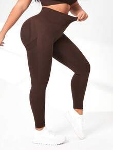 EMERY ROSE CURVE Plus Solid Wideband Waist Sports Leggings Yoga Women Pants - Brown - View 2