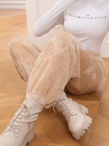 SHEIN Essnce Solid Fluffy Pants - Khaki - View 1