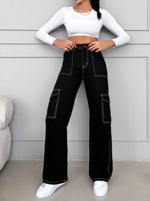 RueChic High Waist Top-stitching Flap Pocket Side Cargo Jeans - Black - View 4