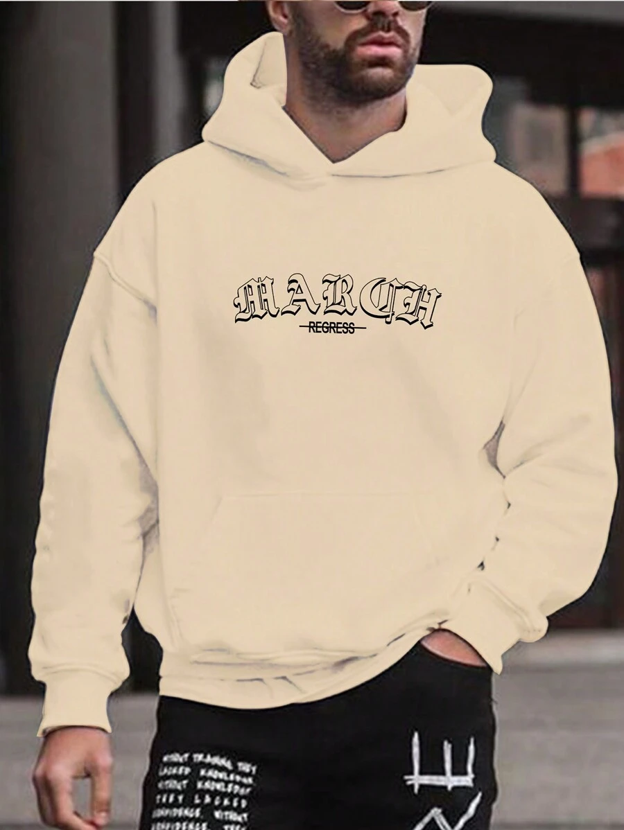 Manfinity Lỏng lẻo phù hợp Nam Áo nỉ có mũ Với In thư - Màu be - Xem 1