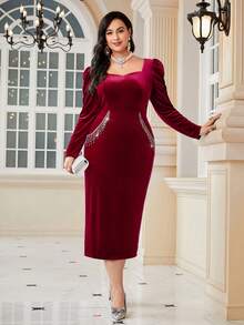 Modelyn Burgundy Red Plus Sweetheart Neck Puff Sleeve Rhinestone Fringe Trim Split Back Velvet Bodycon Dress - Burgundy - View 6