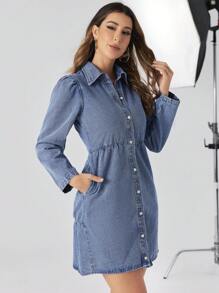 Button Front Denim Dress - Blue - View 5