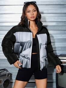 SHEIN EZwear Dog Print Drop Shoulder Zipper Padded Coat - Black - View 3