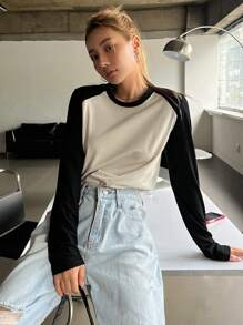 DAZY 拼色圆领 T 恤，返校服长袖女式上衣 - 黑色 - 查看 5