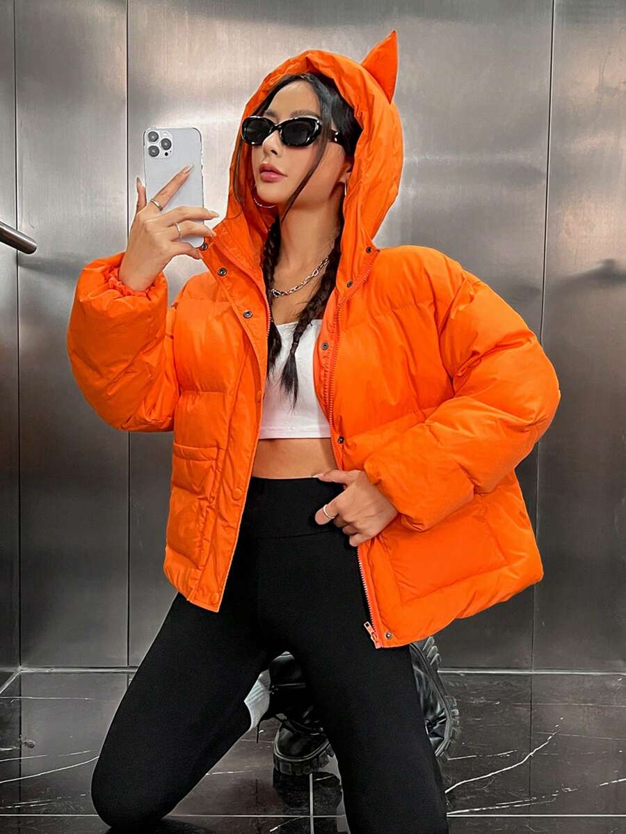 SHEIN EZwear Drop Shoulder Zipper Hooded Padded Coat With Cat Ear Design - Orange - View 1