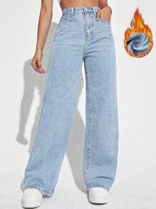 SHEIN EZwear Quần Jeans Ống Đứng Lưng Cao Giữ Nhiệt Vải Chải Kỹ Denim Dày - Màu xanh lam - Xem 1