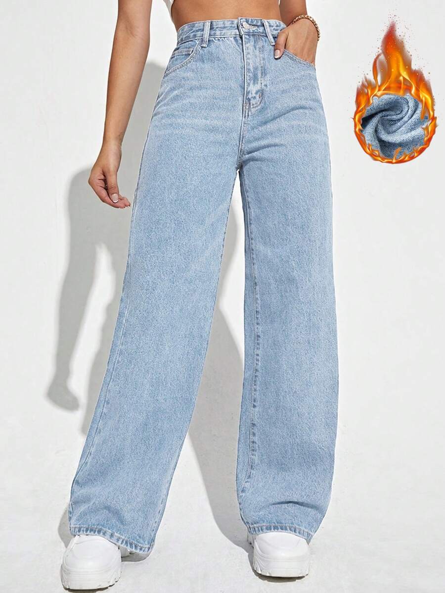SHEIN EZwear Quần Jeans Ống Đứng Lưng Cao Giữ Nhiệt Vải Chải Kỹ Denim Dày - Màu xanh lam - Xem 1