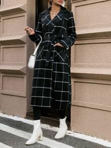 SHEIN Unity Plaid Print Belted Overcoat - Black - View 4