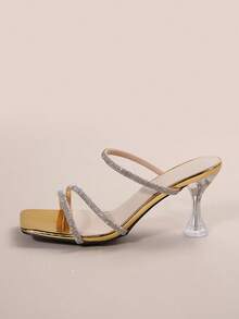 仙女風格方頭粗跟涼鞋適合女士,帶法語鑽石裝飾,夏天2023 - 金色 - 查看 3