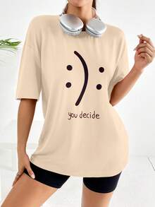 SHEIN EZwear Đồ họa Khẩu hiệu Áo thun Thả vai - Màu be - Xem 5