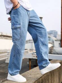 Manfinity Hypemode 男士翻蓋口直腳貨物牛仔褲 - 中等水洗藍 - 查看 7