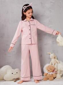 SHEIN Chica preadolescente Conjunto de pijama unido en contraste con botón delantero - Rosa - Ver 6