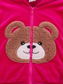 SHEIN Leap Crew 女嬰小熊刺繡拉鏈連帽衫和運動褲 - 玫紅色 - 查看 3