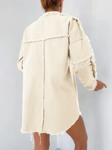 Cottnline Flap Pocket Raw Trim Button Front Denim Jacket - Beige - View 2