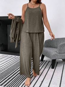 SHEIN LUNE Plus Open Front Coat & Cami Top & Pants - Green - View 6