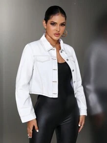 SHEIN SXY Flap Detail Crop Denim Jacket - White - View 6