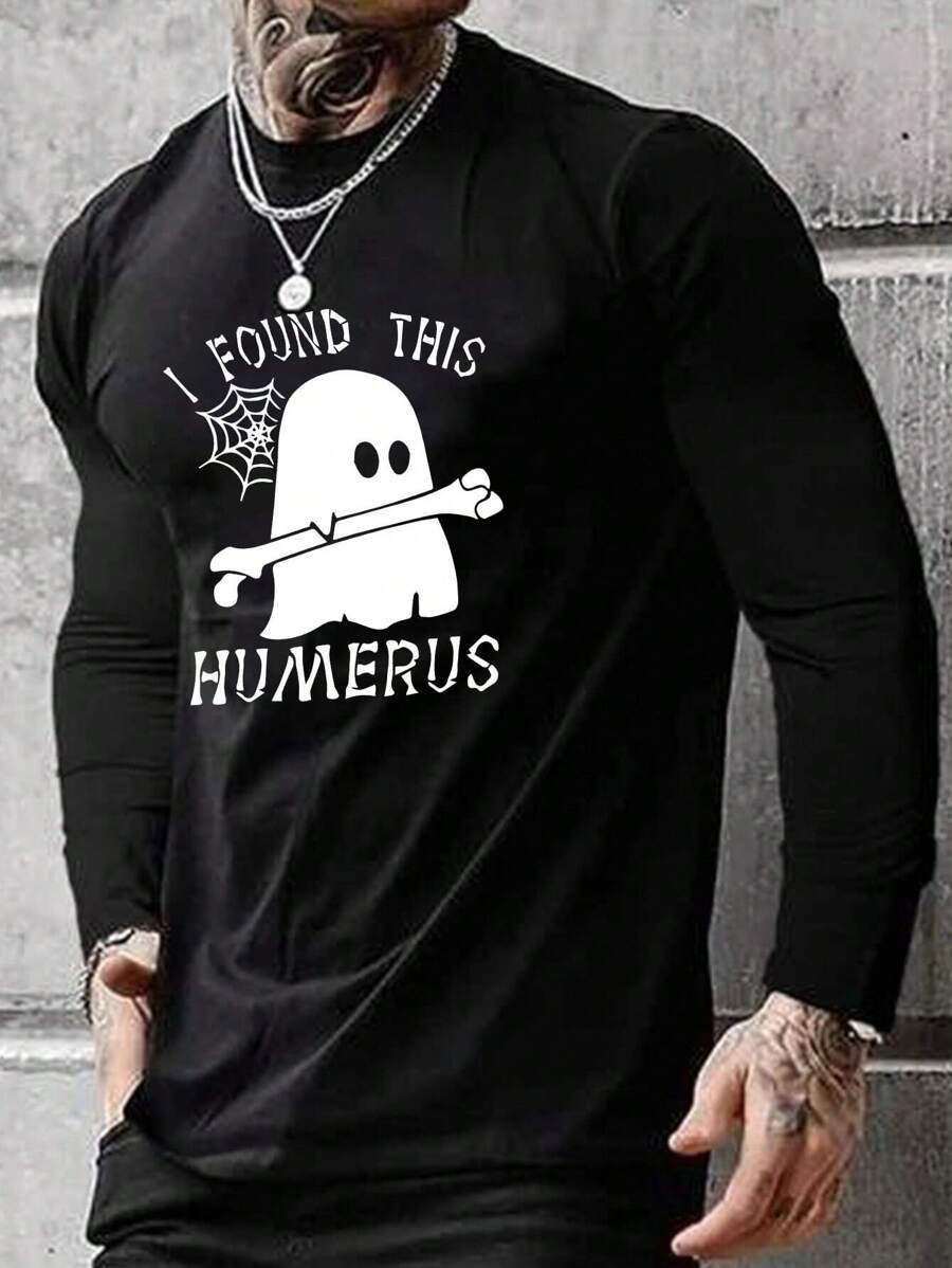 Camiseta con eslogan y gráfico de dibujos animados para hombres, para Halloween - Negro - Ver 1