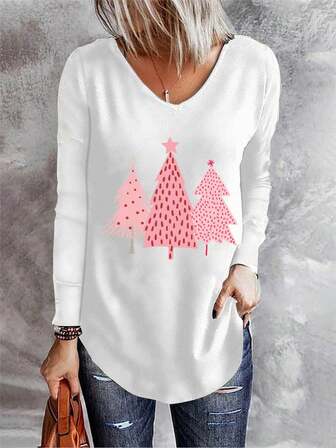 T-Shirt mit Weihnachtsbaum Muster, gebogenem Saum,