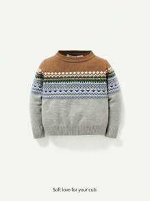 Cozy Pixies Baby Boy Geo Pattern Sweater - Camel - View 1