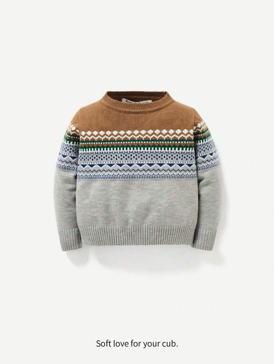 Cozy Pixies Baby Boy Geo Pattern Sweater - Camel - View 1