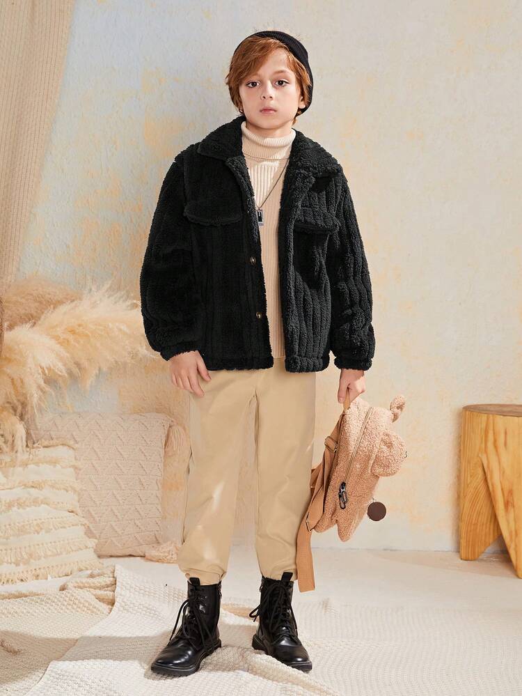 Tween Boy Solid Flap Detail Teddy Coat