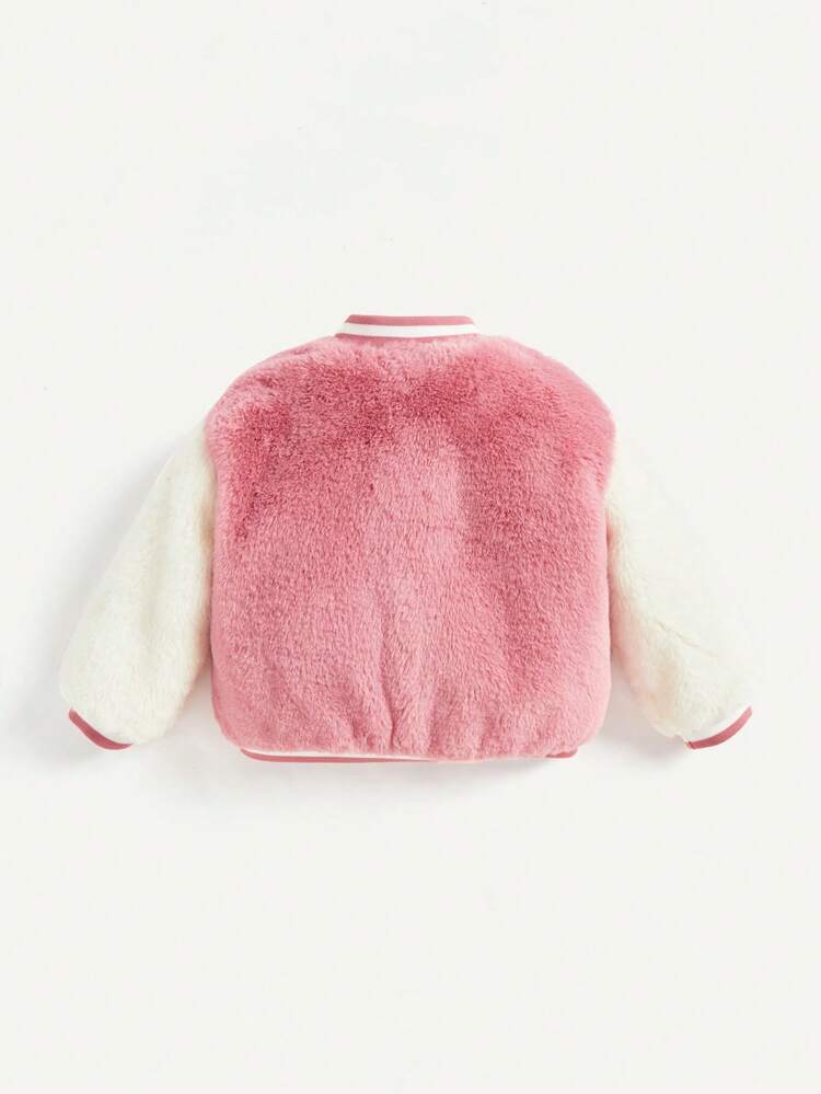 Baby Girl Letter Embroidery Colorblock Striped Trim Fleece Bomber Jacket