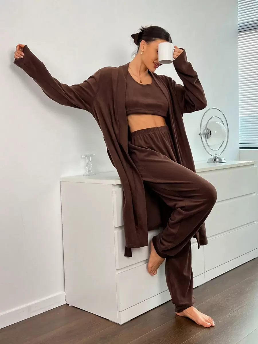 Solid Tank Top & Pants & Belted Robe Lounge Set - Coffee Brown - View 1