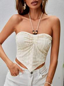 SHEIN VCAY 胸部褶皺後背繫帶頭巾下擺繞頸短上衣 - 杏色 - 查看 1