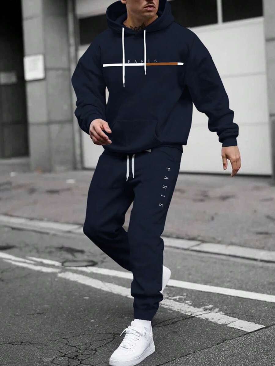 Manfinity Homme Men Plus Letter Graphic Kangaroo Pocket Drawstring Hoodie & Sweatpants - Navy Blue - View 1