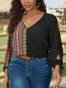 SHEIN VCAY 大碼條紋印花打結袖口襯衫 - 彩色 - 查看 1