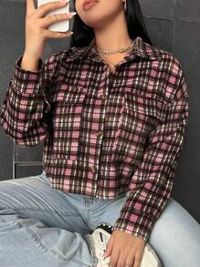 SHEIN EZwear Plus Flap Pocket Plaid Print Drop Shoulder Overcoat - Multicolor - View 6