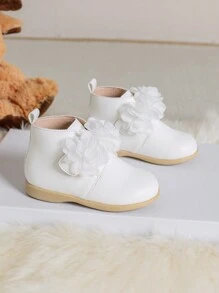 女童秋冬新款韓式英倫花卉時尚摩托車靴,甜美可愛的白色休閒踝靴 - 白色 - 查看 1