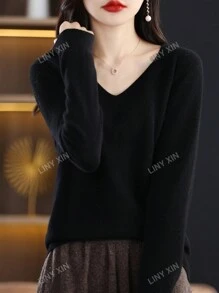 Pull col en V 100% laine mérinos pour femme, pull tricoté sans couture prêt à porter de première ligne pour un usage quotidien décontracté à manches longues