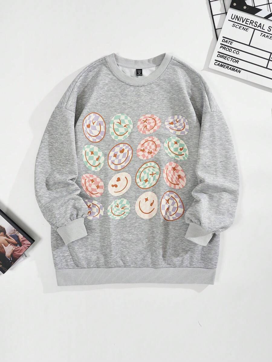 SHEIN EZwear Plus Expression Print Drop Shoulder Sweatshirt - Grey - View 1