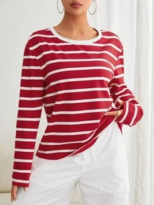 SHEIN EZwear 條紋印花落肩T恤 - 紅白色 - 查看 4