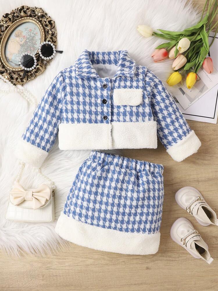 Baby Girl Houndstooth Print Contrast Fuzzy Trim Jacket & Skirt