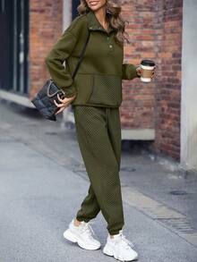 SHEIN LUNE Kangaroo Pocket Drop Shoulder Sweatshirt & Sweatpants - Army Green - View 3
