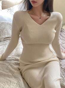 DAZY Vestido de punto unicolor tejido de canalé con abertura trasera - Albaricoque - Ver 8