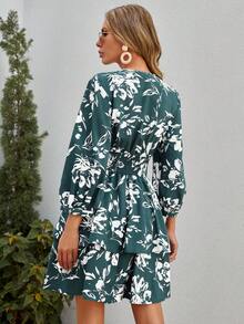 SHEIN VCAY Floral Print Lantern Sleeve Dress - Green - View 2