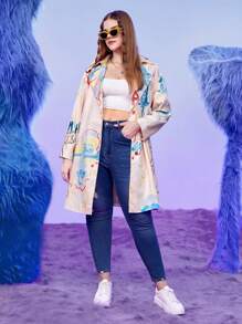 SHEIN X The Smurfs Plus Cartoon Graphic Lapel Neck Coat - Apricot - View 3