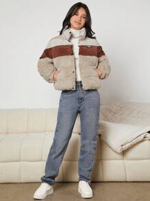 Teen Girl Color Block Letter Patched Detail Snap Button Padded Coat - Multicolor - View 3