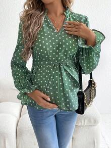 SHEIN 孕婦波點圖案荷葉袖腰帶襯衫 - 綠色 - 查看 4