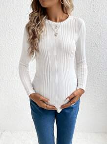 SHEIN Maternity Ribbed Knit Curved Hem Tee With Long Sleeve - White - View 3
